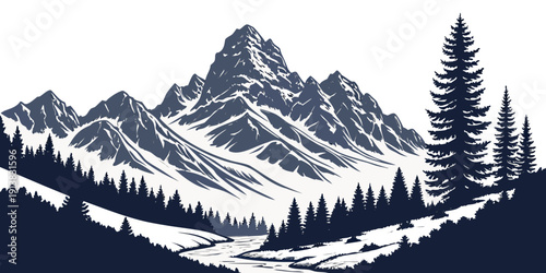 Majestic mountain range with snow-capped peaks and dense forest at the base