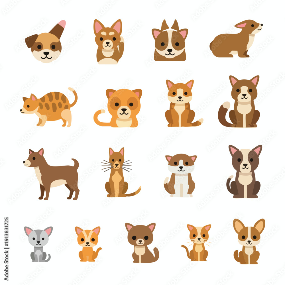Obraz premium Cute Cartoon Dogs and Cats Illustration Set