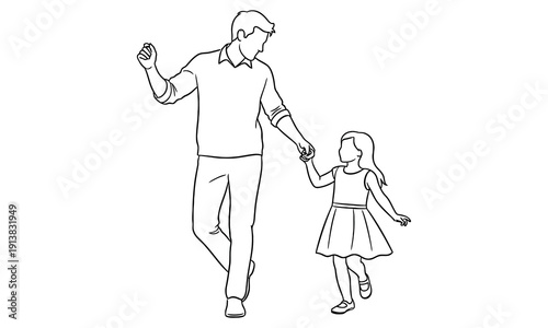 A man and a little girl walking hand in hand in a simple line drawing