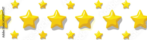 Golden star icon set with shiny cartoon rating symbols in multiple sizes isolated vector illustration