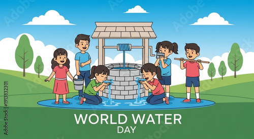 Children playing at a well on world water day kids enjoying water well in a green landscape