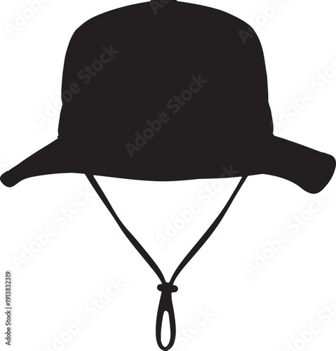 Silhouette of a black bucket hat with chin strap