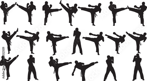 Silhouettes of martial artists performing diverse kicking techniques including high kicks, side kicks, and roundhouse kicks, showcasing discipline, movement, and dynamic poses in black outlines