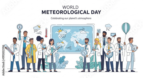 Meteorologists celebrating world meteorological day with weather instruments and globe