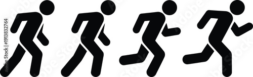Four black stick figures demonstrate the fluid motion of a person moving from walking to running