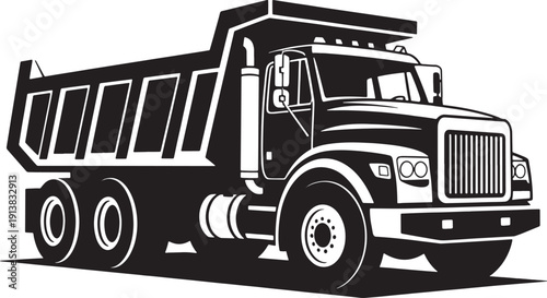 Black and white of a heavy duty dump truck with large tires and cargo bed vehicle