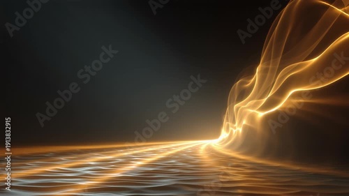Radiant Golden Light Ribbon Cutting Through Deep Black Space. Plasma Filament, Electric Surge, Photon Streak.