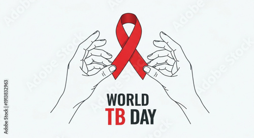 Hands holding red ribbon for world tb day awareness campaign with text