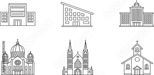 Set of modern office building icons and traditional church architecture line art illustrations for urban planning and community map designSet of modern office 