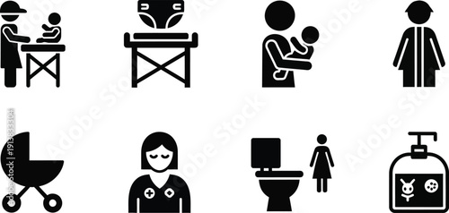 Collection of black baby care and medical icons on white background infant child
