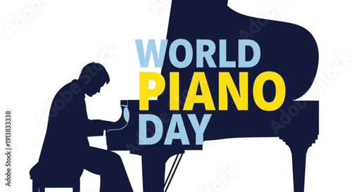 World piano day grand piano silhouette with man playing on white background