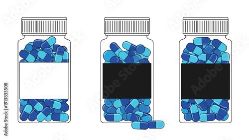 Three simple medicine bottles filled with blue pills on a white background, with some capsules spilling out from the center container.