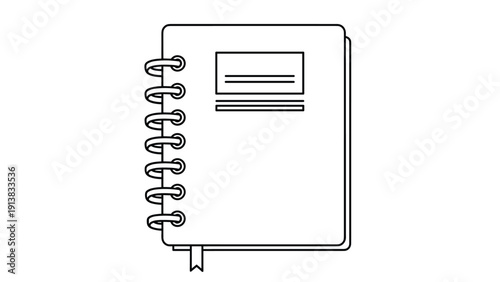 Simple black and white line drawing of a spiral bound notebook with a bookmark and a label on the front cover for school or office use.