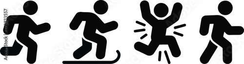 Four distinct black silhouette icons depict people running, exercising, and showing dynamic movement on a white background