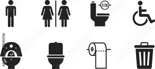 Eight black and white icons illustrating bathroom elements and accessibility features