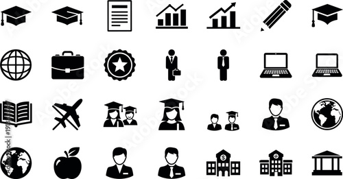 Black Flat Silhouette Icon Set Featuring Education Graduation Caps Academic Achievement Career Professionalism Business Growth Global Learning University Students School Buildings and Success Symbols
