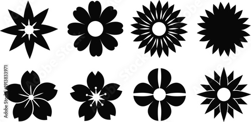 Black flower silhouette icon set with floral blossoms petals and decorative botanical shapes isolated vector illustration