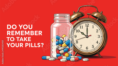 Health alert concept featuring an alarm clock and a bottle of spilled pills on a bold red background for medication time reminders.