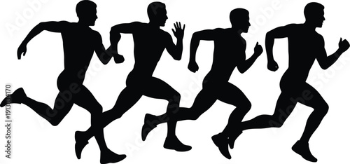 Four male runners are shown in silhouette running forward together in a synchronized motion