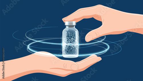 Two hands holding a glass medical ampoule with glowing blue energy rings and scientific particles on a dark background.