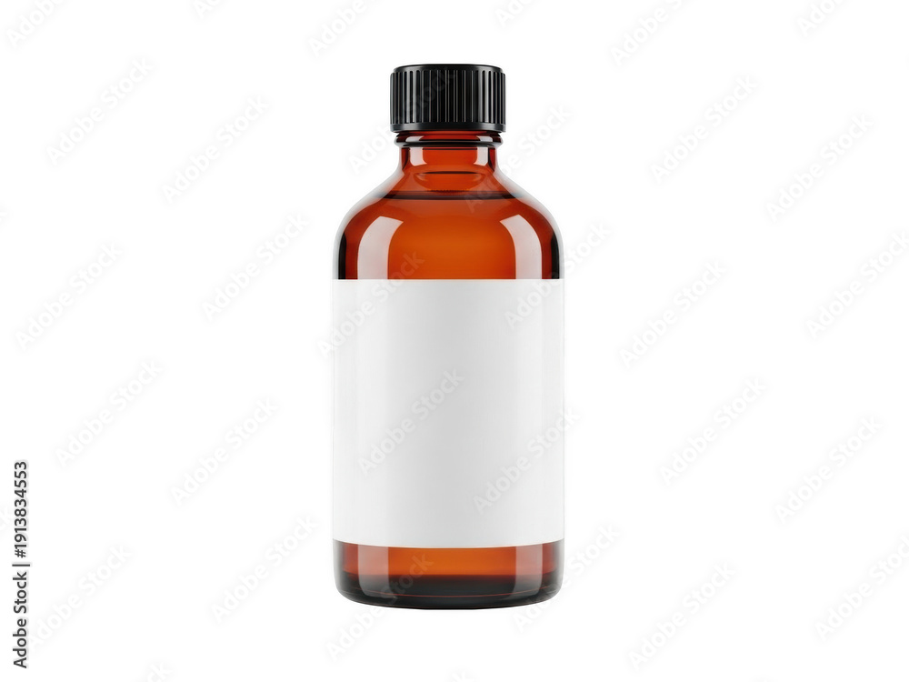 Fototapeta premium A brown glass bottle with a white label and black cap isolated on transparent background