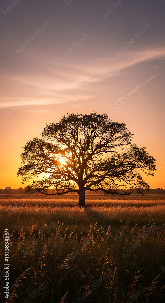 Fototapeta premium Majestic Oak Tree Silhouetted Against a Vibrant Sunset Sky.