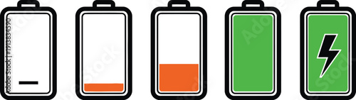Five battery icons illustrate various levels of stored electrical charge.