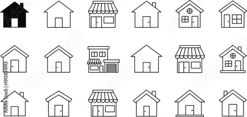 House and home icon set with residential buildings shops and property symbols isolated outline vector illustration