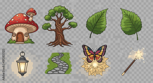 Whimsical Fairy Tale Elements Mushroom House, Ancient Tree, Butterfly, and Magical Wand on Transparent Background