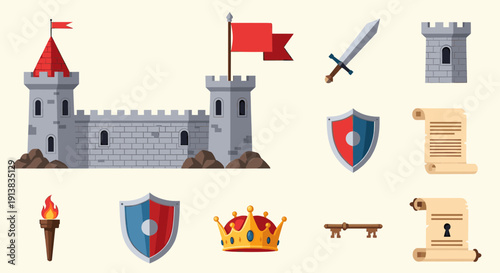 Collection of Flat Vector Medieval Castle, Weapons, and Royal Accessories Icons for Historical and Fantasy Themed Designs