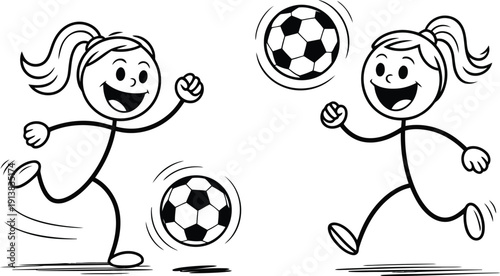 Happy stick figure girls are kicking and chasing soccer balls during a fun outdoor activity