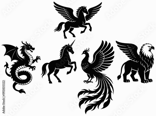 Mythical creatures collection featuring dragon, unicorn, phoenix, griffin, and pegasus vector silhouettes
