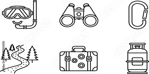Travel and Outdoor Adventure Line Icons Set featuring Diving Mask, Binoculars, Carabiner, Forest Hiking Path, Vintage Suitcase, and Gas Cylinder.Travel and Outdoor Adventure Line 