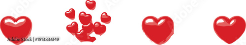 Glossy red heart vector set with single and floating love hearts isolated romantic illustration