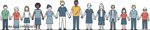 Diverse group of illustrated men and women standing together holding hands in a horizontal line symbolizing unity, inclusion, and teamwork