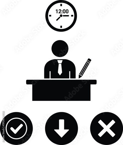 Business worker at desk with clock pencil and status icons for time management productivity task completion and office work workflow vector illustration isolated