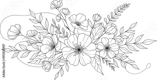 Elegant black and white line art botanical illustration showcasing a detailed floral arrangement perfect for coloring books or decorative design elements.