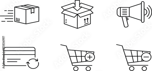 E-commerce and Logistics Line Icons Set featuring Shipping Box, Fast Delivery, Megaphone Marketing, Credit Card Payment, and Shopping Cart Add/Remove Icons.E-