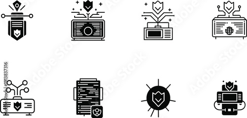 Cyber Security Icon Set Featuring Network Firewall Protection Data Shield Secure Server Technology Digital Safety Shield And Information Privacy System ConceptCyber 