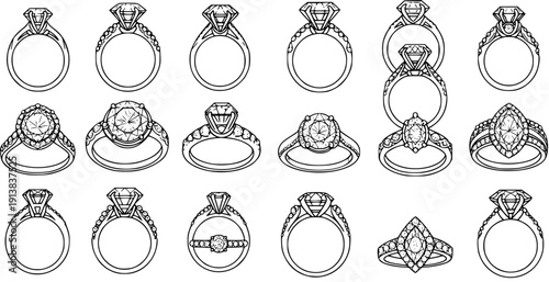 Elegant Diamond Engagement and Wedding Rings Vector Line Art Set. Detailed Black and White Outline Collection of Various Jewelry Designs: Solitaire, Halo, Pave Settings, and More.
