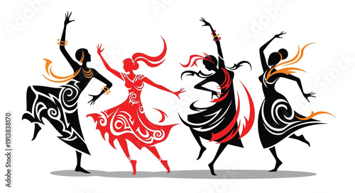 Vector illustration of four dancing women in black and red tribal costumes with swirling patterns isolated on white background