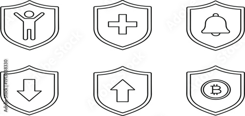 Security Shield Icon Set Featuring Human Protection Medical Cross Alert Bell Up and Down Arrows Plus Bitcoin Cryptocurrency Safety ConceptSecurity Shield Icon Set 