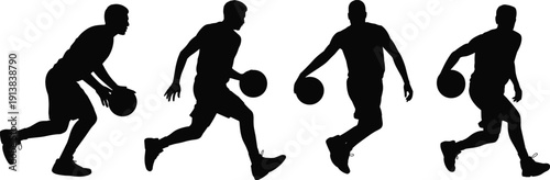 Basketball player silhouettes collection, athletes dribbling ball in dynamic running poses isolated black vector illustration set on white background