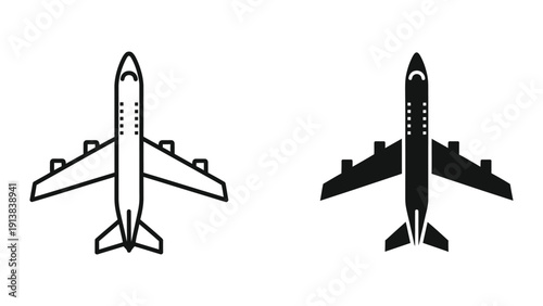 Airplane silhouettes, black and white, aviation icons