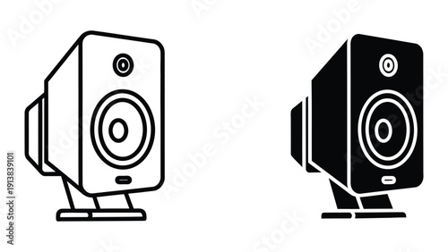 Pair of computer speakers, one white and one black, in simple line art style