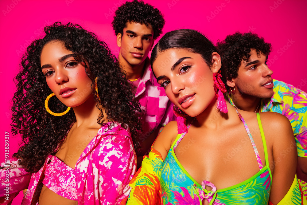 Obraz premium Happy dynamic Gen Z friends smiling in colorful trendy clothes on vivid pink background. Vibrant youth culture concept with copy space for media.