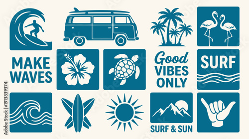 Surf Lifestyle Vector Set – Blue Silhouette Icons Featuring Surfer, Van, Palm Trees, Flamingos, Hibiscus, Turtle, Waves, and Positive Vibes Text for Creative Projects