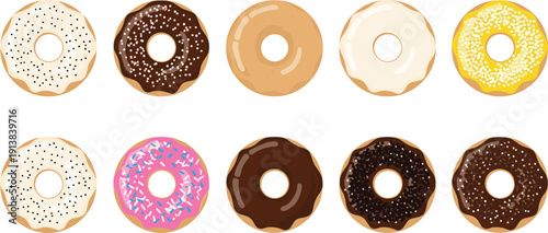 Glazed Donut Collection Set. Chocolate, Sugar and Sprinkle Ring Donuts Illustration. Flat Bakery Dessert Vector for Cafe Menu and Sweet Food Design.