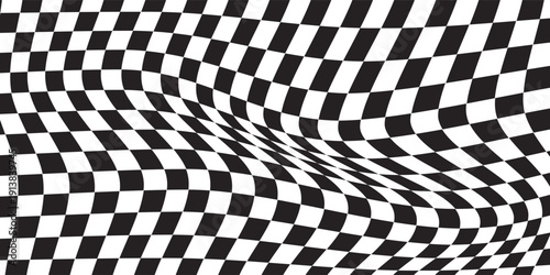 Distorted checkered pattern black and white background design - wavy effect illusion modern vector