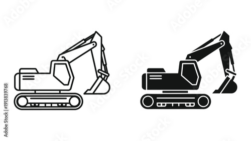 Excavator vector illustrations, black and white outline and silhouette